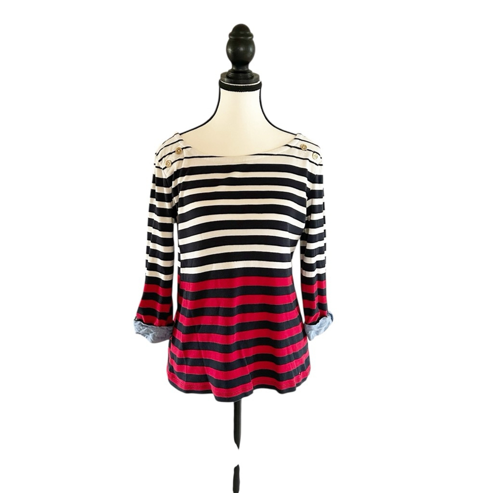 Tommy Hilfiger Nautical Striped Red, White & Blue 3/4 Sleeve Top Size M Cotton